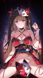 Rule 34 | 1girl, bell, black choker, black gloves, black sash, blunt bangs, breasts, brown hair, choker, cleavage, commentary, criss-cross halter, dress, facial mark, fox mask, gloves, groin, halterneck, highres, honkai: star rail, honkai (series), jingle bell, long hair, looking at viewer, mask, mask on head, medium breasts, navel, neck bell, o-ring, obi, parted lips, pink eyes, red dress, sash, sitting, solo, sparkle (honkai: star rail), thighs, twintails, very long hair, yeni1871
