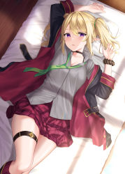 Rule 34 | 1girl, absurdres, arm up, bed, black choker, black jacket, blonde hair, bra strap, breasts, chloe (princess connect!), choker, cleavage, collared shirt, grey shirt, hand up, highres, jacket, kneehighs, long hair, long sleeves, looking at viewer, lying, medium breasts, miniskirt, necktie, off shoulder, on back, on bed, open clothes, open jacket, parted lips, pillow, plaid, plaid skirt, pleated skirt, pointy ears, princess connect!, purple eyes, rama (yu-light8), red skirt, scrunchie, shirt, sidelocks, skirt, socks, solo, thigh strap, thighs, twintails, wrist scrunchie