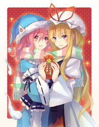 Rule 34 | 2girls, bag, blonde hair, blue hat, blue kimono, christmas, commentary, dress, english commentary, fur trim, hat, hat ribbon, holding, holding bag, japanese clothes, juliet sleeves, kimono, lilith (lilithchan), long hair, long sleeves, looking at viewer, mob cap, multicolored clothes, multicolored scarf, multiple girls, pink eyes, pink hair, puffy sleeves, red background, red eyes, ribbon, saigyouji yuyuko, scarf, shared clothes, shared scarf, short hair, star (symbol), striped clothes, striped scarf, tabard, touhou, white dress, white hat, yakumo yukari