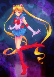 Rule 34 | 1990s (style), 1girl, bad id, bad pixiv id, bishoujo senshi sailor moon, blonde hair, blue eyes, blue sailor collar, blue skirt, boots, bow, brooch, choker, double bun, elbow gloves, gloves, hair bun, heart, heart brooch, highres, jewelry, knee boots, long hair, magical girl, red bow, retro artstyle, sailor, sailor collar, sailor moon, sailor senshi, shiro kiton, skirt, solo, tiara, tsukino usagi, twintails, white gloves