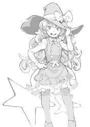 Rule 34 | 1girl, :d, bad id, bad twitter id, bow, buttons, collared dress, dress, greyscale, hair between eyes, hand on headwear, hand on own hip, hat, hat bow, kirisame marisa, legs apart, long hair, long sleeves, monochrome, open mouth, pantyhose, ribbon, simple background, smile, solo, standing, teeth, thick eyebrows, tongue, touhou, wavy hair, white background, witch, witch hat