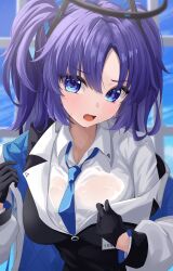 Rule 34 | 1girl, absurdres, black gloves, black jacket, blue archive, blue necktie, collared shirt, gloves, half gloves, halo, highres, jacket, long hair, looking at viewer, necktie, open mouth, parted bangs, purple eyes, purple hair, shirt, solo, souyoru, sweat, two-sided fabric, two-sided jacket, two side up, upper body, wet, wet clothes, wet shirt, white shirt, yuuka (blue archive)