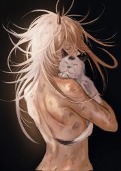Rule 34 | 1girl, animal, back, back focus, black background, blonde hair, cat, chainsaw man, closed eyes, commentary, covered mouth, demon horns, dirty, dirty face, english commentary, eyelashes, from behind, highres, holding, holding animal, holding cat, horns, long hair, meowy (chainsaw man), messy hair, ndsoda, nude, power (chainsaw man), simple background, solo, upper body
