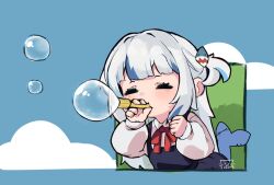 Rule 34 | 1girl, blowing bubbles, blue dress, blue hair, blunt bangs, chibi, chibi only, choppy bangs, clenched hand, closed eyes, collared shirt, commentary, cosplay, dress, elun (elun 00), english commentary, fins, fish tail, gawr gura, grey hair, hair ornament, hololive, hololive english, long hair, long sleeves, multicolored hair, school uniform, shark hair ornament, shark tail, shigure ui (vtuber), shigure ui (vtuber) (cosplay), shigure ui (vtuber) (young), shirt, signature, streaked hair, tail, two side up, virtual youtuber, white shirt