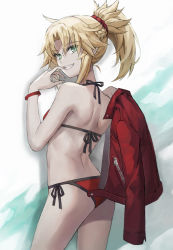 Rule 34 | 1girl, ass, back, bare shoulders, bikini, blonde hair, braid, breasts, commentary, fate/grand order, fate (series), french braid, green eyes, grin, hair ornament, hair scrunchie, halterneck, has bad revision, has downscaled revision, highres, jacket, unworn jacket, jewelry, long hair, looking at viewer, looking back, md5 mismatch, mordred (fate), mordred (fate) (all), mordred (fate/apocrypha), mordred (swimsuit rider) (fate), mordred (swimsuit rider) (first ascension) (fate), necklace, ponytail, red bikini, red jacket, red scrunchie, resolution mismatch, scrunchie, side-tie bikini bottom, sidelocks, simple background, small breasts, smile, solo, source smaller, string bikini, swimsuit, tail, thighs, tonee