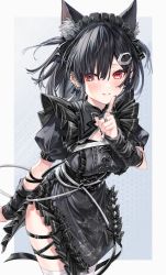 Rule 34 | 1girl, animal ear fluff, animal ears, arm belt, arm warmers, belt buckle, black bow, black bowtie, black dress, black hair, black hairband, black headwear, black nails, black ribbon, blush, border, bow, bow earrings, bowtie, breasts, buckle, cat ears, center frills, cleavage cutout, clothing cutout, cowboy shot, dress, dress bow, ear chain, ear piercing, earrings, eyes visible through hair, finger to mouth, floral print, frilled dress, frills, hair ornament, hair over one eye, hairband, hairclip, hand up, headdress, hexagon hair ornament, highres, jewelry, leaning forward, leg belt, looking at viewer, medium breasts, medium hair, mitsurugi lia, nail polish, o-ring, parted lips, piercing, puffy short sleeves, puffy sleeves, red eyes, ribbon, ring, short sleeves, shushing, side slit, slit pupils, solo, thigh strap, thighhighs, two side up, underbust, virtual youtuber, wactor production, white border, white ribbon, white thighhighs, yuya (night lily)