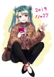 Rule 34 | 1girl, absurdres, alternate costume, black footwear, black pants, breasts, cellphone, commentary request, crossed legs, dark green hair, fur jacket, green eyes, hair ribbon, highres, jacket, kantai collection, long hair, long sleeves, mochiko (mocchikkoo), pants, phone, ribbon, seiza, shirt, sitting, small breasts, smile, striped clothes, striped shirt, twintails, white background, yellow background, yellow eyes, zuikaku (kancolle)