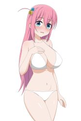 Rule 34 | 1girl, bikini, blue eyes, blush, bocchi the rock!, breasts, commentary, cowboy shot, cube hair ornament, frown, gotoh hitori, hair ornament, halterneck, hand on own chest, highres, large breasts, long hair, looking at viewer, navel, one side up, open mouth, pink hair, simple background, solo, standing, swimsuit, white background, white bikini, yisusjpl