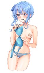 Rule 34 | 1girl, absurdres, bandaid, bandaids on nipples, blue bow, blue bra, blue eyes, blue hair, blue panties, blush, bow, bra, breasts, cameltoe, cowboy shot, cropped legs, hair bow, hatsanxp, highres, holding, holding bra, holding clothes, holding underwear, hololive, hoshimachi suisei, looking at viewer, mouth hold, navel, panties, pasties, short hair, side ponytail, simple background, small breasts, solo, thigh gap, underwear, unworn bra, virtual youtuber, white background