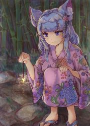 Rule 34 | 1girl, animal ear fluff, animal ears, aria vlive, bamboo, bamboo forest, black footwear, blue hair, closed mouth, commentary, commission, english commentary, fireworks, floral print, flower, forest, hand on own knee, highres, hikari niji, holding fireworks, indie virtual youtuber, japanese clothes, kimono, long hair, long sleeves, nature, night, outdoors, pink flower, pink kimono, print kimono, purple eyes, sandals, senkou hanabi, smile, solo, sparkler, squatting, virtual youtuber, wide sleeves, zouri