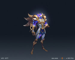 Rule 34 | 1boy, alternate costume, armor, armored boots, artist name, black background, blue skin, boots, breastplate, clenched hand, closed mouth, colored skin, full body, gauntlets, gradient background, grey background, grey thighhighs, hand on own hip, horns, knee boots, league of legends, leo (zodiac), male focus, purple hair, see you, sett (league of legends), short hair, shoulder armor, solo, space print, standing, starry sky print, thighhighs, white hair, zodiac