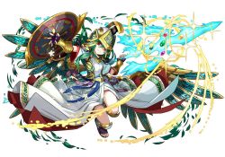 Rule 34 | 1girl, adachi yousuke, athena (p&amp;d), dress, green hair, helmet, left-handed, long hair, looking at viewer, official art, polearm, puzzle &amp; dragons, sandals, shield, simple background, solo, spear, weapon, white background, wings