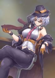 Rule 34 | 1girl, black hat, bracelet, breasts, chair, commentary, crossed legs, drum magazine, facing viewer, girls&#039; frontline, glasses, gloves, gun, hair between eyes, hat, headphones, headphones around neck, holding, holding gun, holding weapon, jacket, jewelry, large breasts, looking at viewer, looking over eyewear, looking over glasses, magazine (weapon), navel, necktie, over shoulder, pants, potato tacos, red eyes, red necktie, shirt, short hair, silver hair, simple background, sitting, smile, solo, submachine gun, sunglasses, teeth, thompson (girls&#039; frontline), thompson submachine gun, tinted eyewear, weapon, weapon over shoulder
