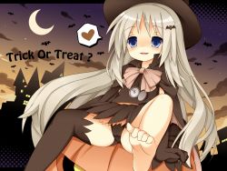 Rule 34 | 1girl, barefoot, blonde hair, blue eyes, crescent moon, empty eyes, feet, halloween, hat, highres, little busters!, mizunashi tomo, moon, noumi kudryavka, panties, single thighhigh, solo, spread legs, thighhighs, toes, underwear, witch hat