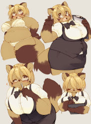 Rule 34 | 1girl, bra, breasts, brown eyes, brown hair, collared shirt, female focus, furry, furry female, glasses, kishibe, multiple views, open mouth, panties, pencil skirt, raccoon, shirt, short hair, simple background, skirt, thick arms, thighs, underwear, waitress, wide hips