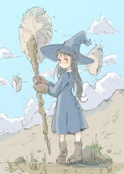 Rule 34 | 1girl, absurdres, black dress, black hair, boots, commentary, day, dress, floating island, grass, hat, highres, long hair, looking back, original, outdoors, poranka (porankaran), sky, solo, staff, witch, witch hat