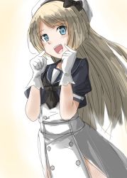 Rule 34 | 1girl, :d, black neckerchief, blonde hair, blue eyes, blue sailor collar, dress, finger to cheek, gloves, hat, highres, jervis (kancolle), kamaboko senshi, kantai collection, long hair, looking at viewer, neckerchief, open mouth, sailor collar, sailor dress, sailor hat, simple background, smile, solo, swept bangs, upper body, white background, white gloves, white hat