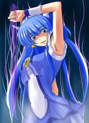Rule 34 | 10s, 1girl, aoki reika, armpits, aura, blue eyes, blue hair, crazy eyes, crazy smile, crystal sword, cure beauty, emblem, frills, hair tubes, head wings, highres, ice, jewelry, long hair, matching hair/eyes, out of character, precure, ribbon, skirt, smile, smile precure!, solo, sword, tiara, very long hair, weapon, wings, wrist cuffs