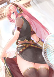 Rule 34 | 1girl, armband, asymmetrical sleeves, belt, blue eyes, blush, clothes lift, cowboy shot, crop top, daidou (demitasse), electric fan, fanning self, from behind, from below, hand fan, headphones, highres, indoors, lifting own clothes, long hair, looking down, megurine luka, parted lips, pink hair, skirt, skirt lift, solo, thighhighs, uneven sleeves, very long hair, vocaloid, window