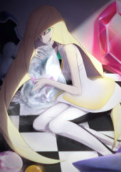 Rule 34 | 1girl, ampharos, bare arms, bare shoulders, blonde hair, checkered floor, clamperl, commentary request, creatures (company), diancie, dress, finneon, game freak, gen 1 pokemon, gen 2 pokemon, gen 3 pokemon, gen 4 pokemon, gen 6 pokemon, green eyes, heterochromia, highres, hyoune, ice, legendary pokemon, leggings, long hair, lusamine (pokemon), mega pokemon, mega sableye, mythical pokemon, nintendo, pokemon, pokemon (creature), pokemon sm, sableye, short dress, sleeveless, sleeveless dress, smile, solo, spoilers, starmie, very long hair, white dress, white leggings, yellow eyes