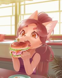 Rule 34 | 1girl, absurdres, animal ear fluff, animal ears, animal nose, body fur, brown eyes, brown hair, burger, camisole, cat ears, cat girl, chair, cheese, eating, female focus, food, furry, furry female, ham, highres, holding, holding food, indoors, itaki (itakinomaturi), lettuce, olive, open mouth, original, plant, plate, signature, sitting, snout, solo, teeth, tomato, window
