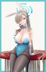 Rule 34 | 1girl, absurdres, animal ears, asuna (blue archive), asuna (bunny) (blue archive), bare shoulders, blue archive, blue eyes, bow, bowtie, breasts, cleavage, detached collar, fake animal ears, gloves, grin, hair over one eye, halo, highres, large breasts, light brown hair, long hair, looking at viewer, morino fukurou, pantyhose, rabbit ears, sitting, smile, solo, thighband pantyhose, v, very long hair, white gloves