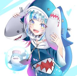 Rule 34 | 1girl, animal hood, blue eyes, blue hair, blue hoodie, blue nails, blush, collarbone, commentary request, fins, fish tail, gawr gura, gawr gura (1st costume), hair ornament, hands up, highres, holding, hololive, hololive english, hood, hoodie, long sleeves, looking at viewer, looking up, multicolored eyes, multicolored hair, nail polish, open mouth, shark, shark hood, shark tail, sharp teeth, sho (runatic moon), smile, solo, streaked hair, stuffed animal, stuffed shark, stuffed toy, tail, teeth, virtual youtuber, white hair