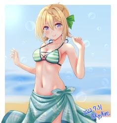 Rule 34 | 1girl, ame-san, bikini, blonde hair, blurry, blurry background, braid, braided bangs, braided bun, breasts, collarbone, dated, green bikini, green sarong, hair bun, highres, kantai collection, long hair, md5 mismatch, medium breasts, navel, official alternate costume, perth (kancolle), purple eyes, resolution mismatch, revision, sarong, smile, solo, source smaller, striped bikini, striped clothes, swimsuit, twitter username