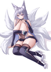 Rule 34 | 1girl, absurdres, animal ear fluff, azur lane, blue eyes, breasts, bridal gauntlets, brown thighhighs, checkered footwear, covered navel, fox girl, fox tail, grey hair, heart, high heels, highres, huge breasts, kaijiba, kitsune, multiple tails, official alternate costume, race queen, see-through, shinano (azur lane), shinano (moonlit chrome) (azur lane), skirt, solo, tail, thighhighs, underboob, white footwear