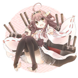 Rule 34 | 10s, 1girl, :d, ahoge, bare shoulders, blush, boots, brown hair, detached sleeves, fujieda miyabi, hair ornament, hairband, headgear, high heel boots, high heels, highres, index finger raised, japanese clothes, kantai collection, kongou (kancolle), long hair, looking at viewer, nontraditional miko, open mouth, personification, pointing, skirt, smile, solo, thigh boots, thighhighs, wide sleeves