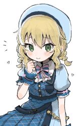 1girl belt beret blonde_hair blue_belt blue_dress blue_hat blue_wrist_cuffs blush bow bowtie braid closed_mouth commentary_request dress full_body green_eyes hand_up hat heart highres idolmaster idolmaster_cinderella_girls looking_at_viewer medium_hair mugicha_(mugicha5060) notice_lines pink_bow pink_bowtie pink_ribbon plaid_clothes plaid_dress ribbon sakurai_momoka short_sleeves simple_background smile solo white_background wrist_cuffs