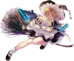 Rule 34 | 1girl, aiming, aiming at viewer, alternate weapon, blonde hair, bow, braid, broom, broom riding, cloud, danmaku, dress, dual wielding, full body, grin, gun, handgun, hat, holding, kirisame marisa, looking at viewer, mahouka koukou no rettousei, mary janes, parody, pistol, shoes, smile, solo, star (sky), star (symbol), sugi, touhou, transparent background, weapon, witch hat