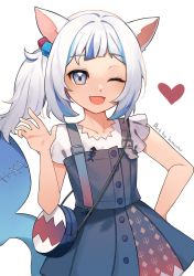 Rule 34 | animal ears, artist name, bag, blue dress, blue eyes, blue hair, cat ears, collarbone, commentary, cube hair ornament, dress, fins, fish tail, gawr gura, gawr gura (casual), hair ornament, hand on own hip, hand up, highres, himechui, hololive, hololive english, kemonomimi mode, long hair, looking at viewer, multicolored hair, official alternate costume, one eye closed, open mouth, ponytail, shark tail, shirt, shoulder bag, solo, streaked hair, suspenders, symbol-only commentary, tail, upper body, virtual youtuber, white hair, white shirt