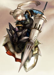 Rule 34 | armor, bad id, bad pixiv id, blue eyes, capcom, grey hair, lance, monster hunter (series), n.a., polearm, shield, solo, spear, twintails, weapon