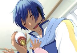 Rule 34 | 1boy, baby, baby bottle, blue hair, blue nails, blue scarf, blush, bottle, coat, commentary, closed eyes, feeding, from below, headset, holding, holding bottle, indoors, kaito (vocaloid), light blush, male focus, nail polish, nokuhashi, open mouth, outstretched arm, outstretched hand, pov, room, scarf, short hair, smile, solo focus, vocaloid, white coat, window