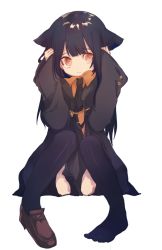 Rule 34 | 1girl, animal ears, ao68, bad id, bad pixiv id, black hair, black thighhighs, cat ears, coat, dot nose, full body, hands on own head, knees together feet apart, loafers, long hair, long sleeves, necktie, orange eyes, original, pleated skirt, shoes, simple background, single shoe, sitting, skirt, sleeves past wrists, solo, thighhighs, white background