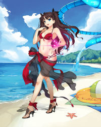 Rule 34 | 1girl, :d, akira (5888172), ankle ribbon, anklet, beach, bikini, black hair, blue eyes, breasts, day, fate/stay night, fate (series), gem, glowing, groin, hair ribbon, heart o-ring, heart ring bottom, high heels, highres, jewelry, leg ribbon, long hair, long legs, magic, medium breasts, navel, ocean, open mouth, outdoors, ribbon, sandals, sarong, see-through, shoes, smile, solo, swimsuit, tohsaka rin, two side up, water, water slide