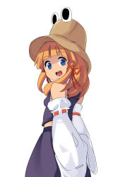 Rule 34 | 1girl, :d, absurdres, arms behind back, blonde hair, blue eyes, bow, hair bow, hair ornament, hat, highres, long sleeves, looking at viewer, looking back, moriya suwako, omotin, open mouth, shirt, short hair, simple background, skirt, skirt set, smile, solo, touhou, turtleneck, vest, white background, wide sleeves