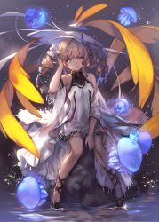 Rule 34 | 1girl, armband, bare shoulders, blonde hair, blunt bangs, dress, drill hair, facial mark, green eyes, hand up, highres, jellyfish, lee hyeseung, parted lips, rock, sitting, smile, solo, twin drills, water, white dress
