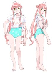 Rule 34 | 1girl, absurdres, animal print, ass, bare arms, bare legs, bare shoulders, commentary request, double bun, full body, glasses, hair bun, hand on own hip, highres, kantai collection, long hair, looking at viewer, makigumo (kancolle), ojipon, pink hair, rabbit print, shirt, short sleeves, simple background, solo, twintails, white background, white shirt, yellow eyes