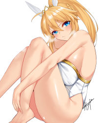 Rule 34 | 1girl, ahoge, animal ears, artoria pendragon (all), artoria pendragon (fate), artoria pendragon (swimsuit ruler) (fate), bare arms, bare legs, bare shoulders, barefoot, blonde hair, blush, breasts, closed mouth, commentary request, fake animal ears, fate/grand order, fate (series), hair between eyes, high ponytail, highres, kisaragi tsurugi, knees up, large breasts, leotard, long hair, looking at viewer, playboy bunny, rabbit ears, signature, sitting, solo, thighs, white leotard
