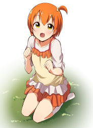 Rule 34 | 10s, 1girl, asymmetrical hair, blush, casual, hair bobbles, hair ornament, highres, hoshizora rin, looking at viewer, love live!, love live! school idol festival, love live! school idol project, one side up, open mouth, short hair, side ponytail, sitting, skirt, smile, solo, tata (tataice), yellow eyes
