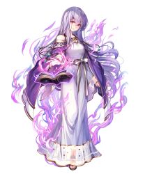 Rule 34 | 1girl, aura, bare shoulders, book, breasts, cape, chachie, circlet, dark aura, dress, fire emblem, fire emblem: genealogy of the holy war, fire emblem heroes, floating, floating object, full body, hair ornament, highres, holding, holding book, jewelry, julia (fire emblem), long dress, long hair, long sleeves, looking at viewer, medium breasts, nintendo, official art, open book, parted lips, purple cape, purple eyes, purple hair, red eyes, sandals, see-through, solo, standing, toeless footwear, transparent background, very long hair, wide sleeves