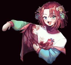 Rule 34 | 1girl, absurdres, black background, blood, blush, doll, freckles, heart (organ), highres, indie virtual youtuber, jacket, medium hair, nonsensemanna, open mouth, raggy chiffon, red hair, shirt, simple background, smile, solo, veins, virtual youtuber, white shirt