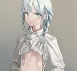 Rule 34 | 1girl, blouse, braid, closed mouth, collar, collared shirt, commentary, female focus, gradient background, green eyes, grey background, hair between eyes, highres, litra (ltr0312), long hair, long sleeves, looking at viewer, original, shirt, sidelocks, silver hair, single braid, solo, stomach, upper body, white shirt