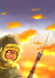 Rule 34 | 1girl, arisaka, bayonet, bolt action, brown eyes, brown hair, cloud, from behind, fur-trimmed headwear, fur-trimmed jacket, fur trim, gun, hat, imperial japanese army, jacket, looking at viewer, looking back, m tap, military, military uniform, open mouth, original, rifle, sky, smile, soldier, sunset, uniform, upper body, weapon, winter clothes, winter uniform, world war ii