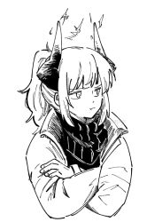 Rule 34 | 1girl, annoyed, arknights, averting eyes, closed mouth, commentary request, cropped torso, crossed arms, dragon girl, dragon horns, greyscale, haruichi (sazanami complex), hatching (texture), high collar, horns, jacket, linear hatching, liskarm (arknights), long sleeves, looking to the side, medium hair, monochrome, open clothes, open jacket, ponytail, pout, scarf, simple background, solo, upper body