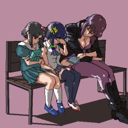 Rule 34 | 3girls, 98-tan, 98se-tan, bench, black hair, blue hair, book, boots, breasts, child, cleavage, commentary, crossed arms, crossover, crying, ghost in the shell, hair bobbles, hair ornament, handkerchief, holding, holding book, holding hands, jacket, kusanagi motoko, large breasts, lowres, multiple girls, oekaki, open clothes, open jacket, os-tan, pleated skirt, purple background, purple hair, rakugaki, rakugaki (artist), school uniform, shoes, short hair, side ponytail, simple background, skirt, socks, thighhighs, uwabaki, zettai ryouiki