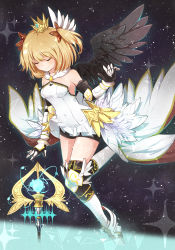 Rule 34 | 1girl, asymmetrical wings, bare shoulders, black background, black shorts, black wings, blonde hair, closed eyes, closed mouth, clothing request, crown, firuo (king fish), gauntlets, hair ornament, marl (shironeko project), medium hair, mini crown, mismatched wings, shironeko project, shorts, smile, solo, sparkle, thighhighs, two side up, white footwear, white thighhighs, white wings, wings