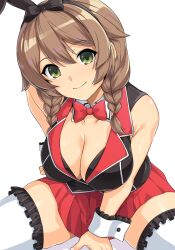 Rule 34 | 1girl, animal ears, black bow, black jacket, bob cut, bow, bowtie, braid, breasts, brown hair, bunny garden, cleavage, closed mouth, collarbone, commentary, cosplay, fake animal ears, frilled thighhighs, frills, green eyes, hair between eyes, hair bow, hairband, haruhisky, highres, hostess, jacket, kana (bunny garden), looking at viewer, medium hair, nontraditional playboy bunny, rabbit ears, red bow, red bowtie, red skirt, simple background, sitting, skirt, sleeveless, sleeveless jacket, smile, solo, thighhighs, twin braids, white background, white thighhighs, white wrist cuffs, wrist cuffs